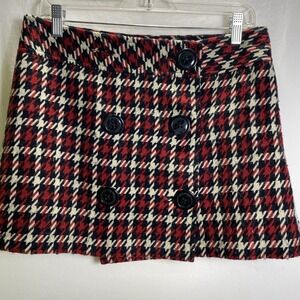 Express Design Skirts Size 8 Red Blk Plaid Big Button Wool Blend Lined Mini